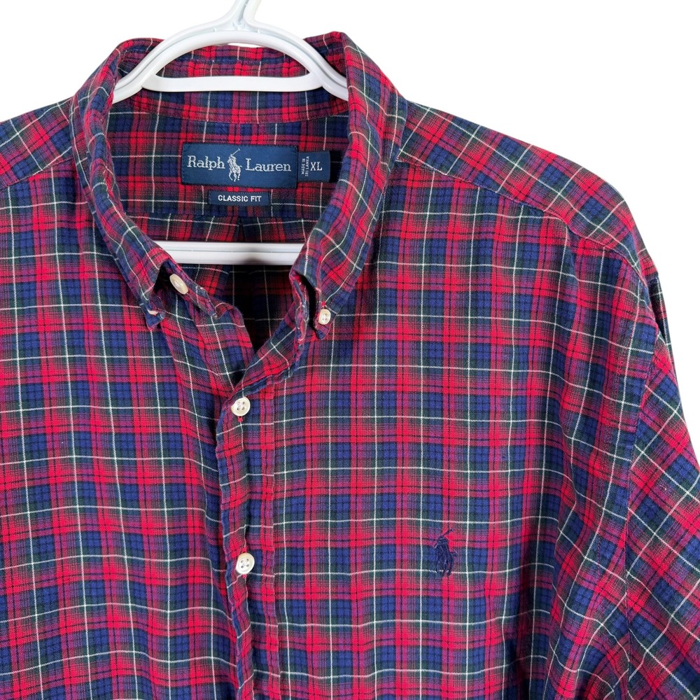 Ralph Lauren‎ Button Down Mens XL Red Navy Blue Plaid Classic Fit Cotton Shirt